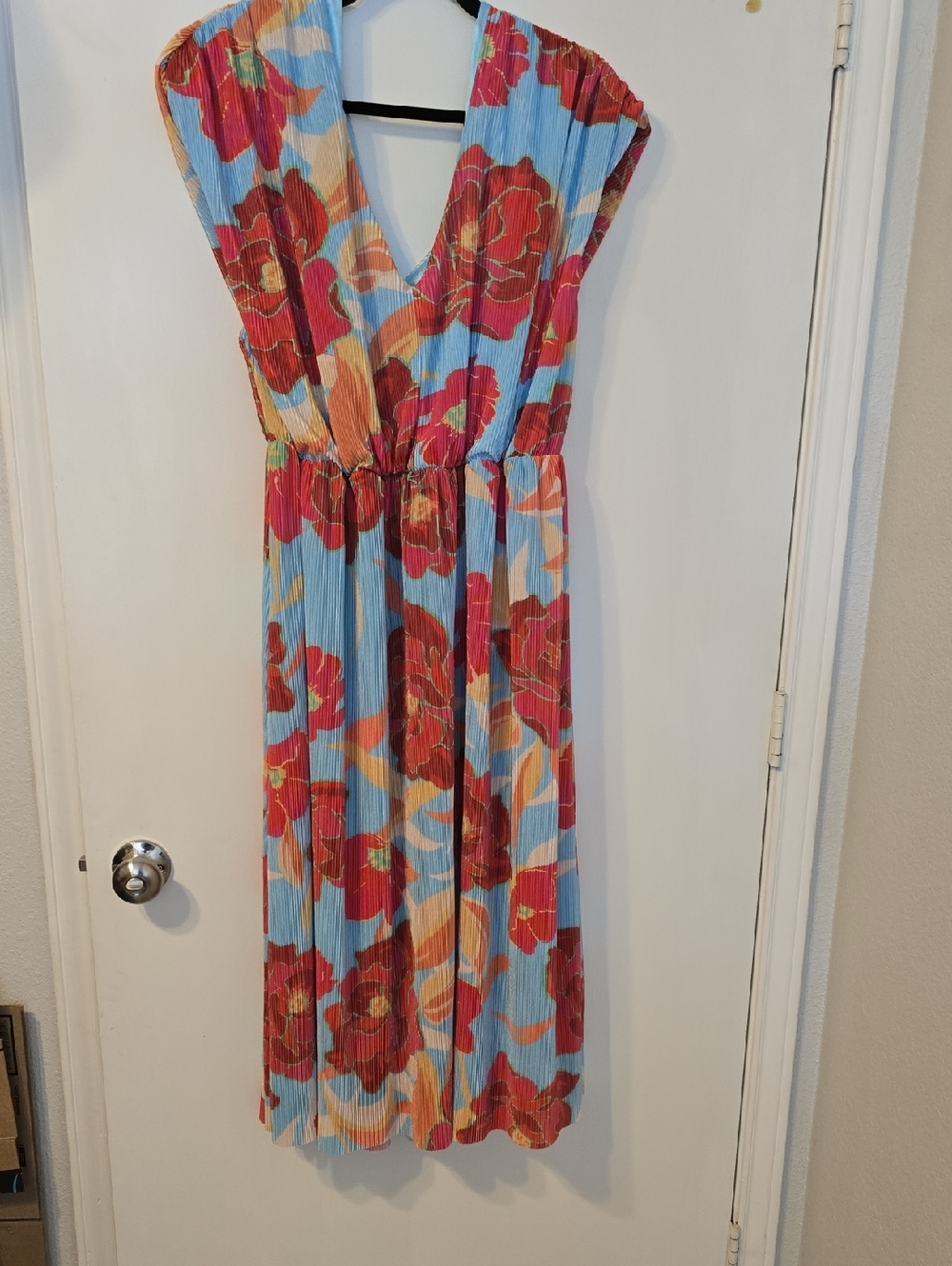 Floral Pleated Midi Dress in Light Blue and Red
